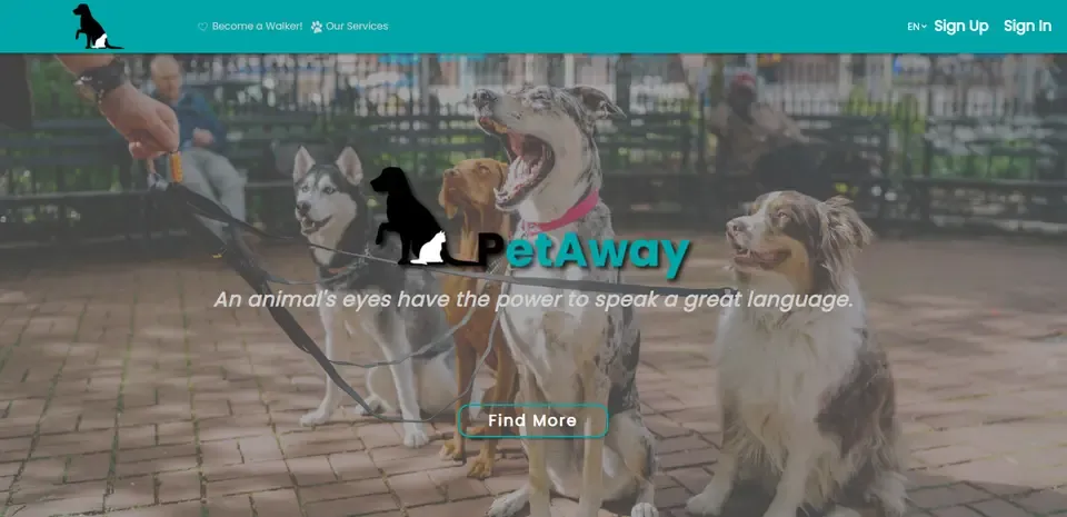 Petaway landing page: a teal navigation bar and the Petaway logo over a photo of dogs on leads