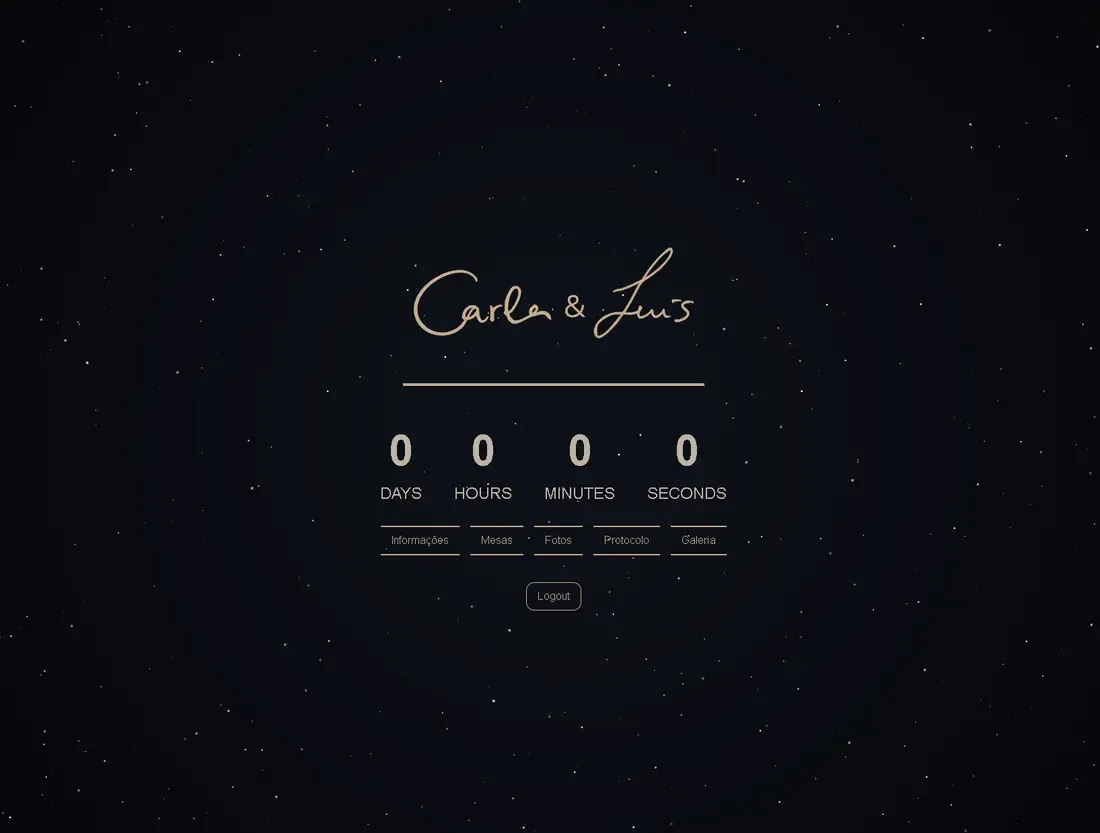 Wedding app home after sign-in: the couple's signature over a starry night sky, a countdown, and links to Informações, Mesas, Fotos, Protocolo and Galeria